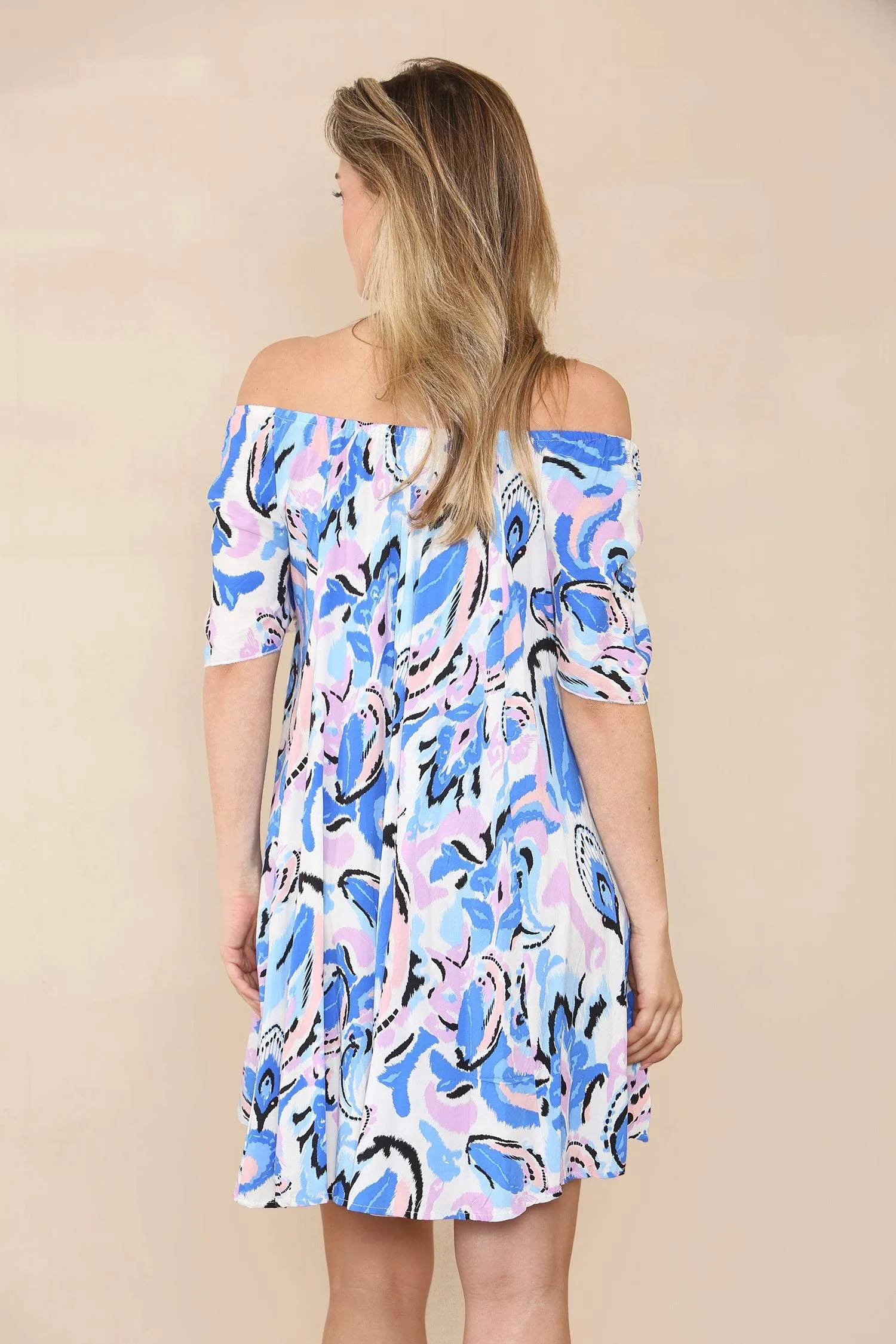 LOVE SUNSHINE Blue Pink Paisley Print Bardot Mini Dress sold by Goddiva product image thumbnail 3