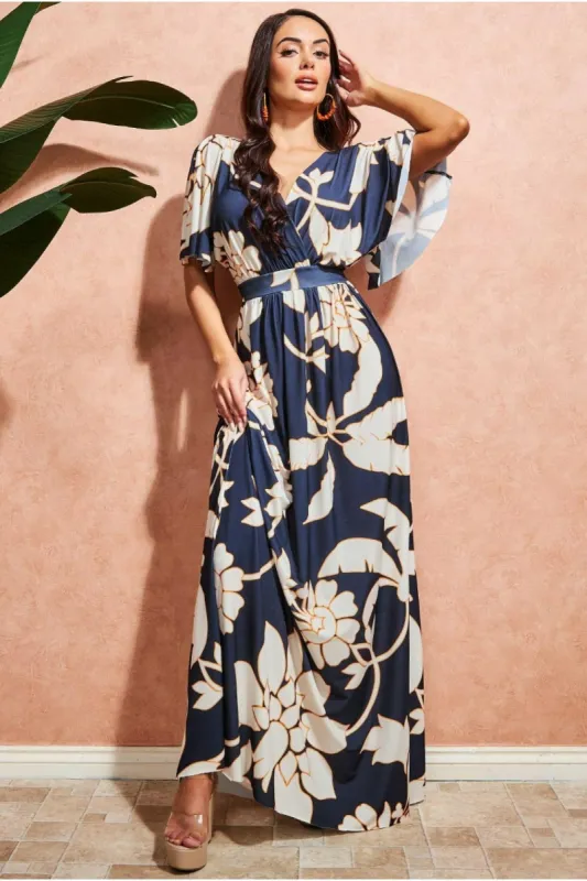 Leaf Print Flutter Sleeve Maxi Dress - Navy by Goddiva sold by Goddiva