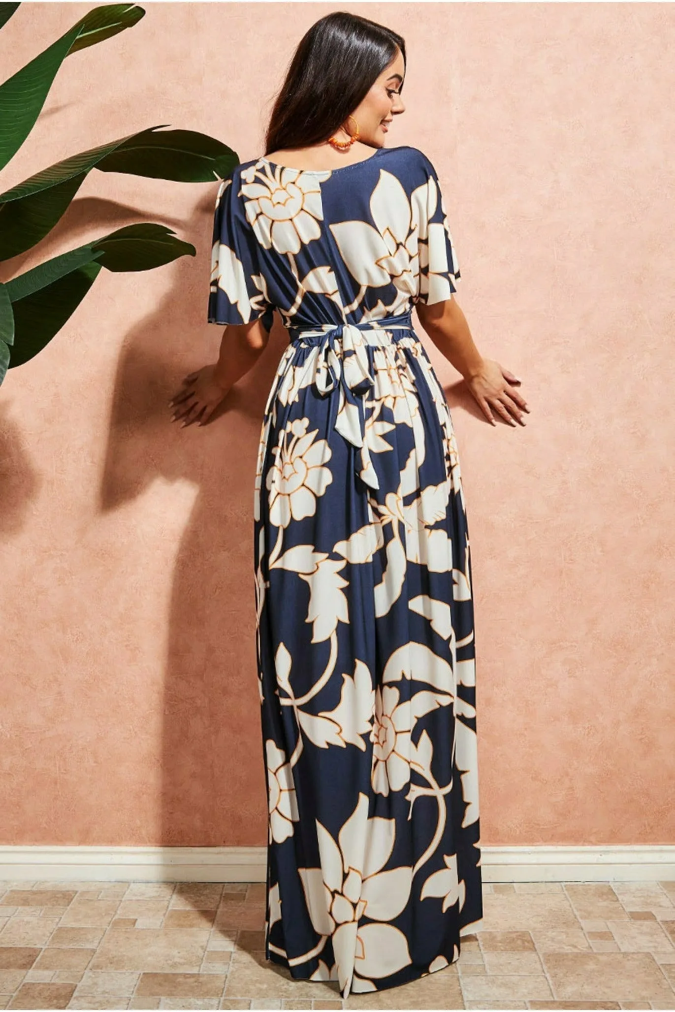 Leaf Print Flutter Sleeve Maxi Dress - Navy by Goddiva sold by Goddiva product image thumbnail 2