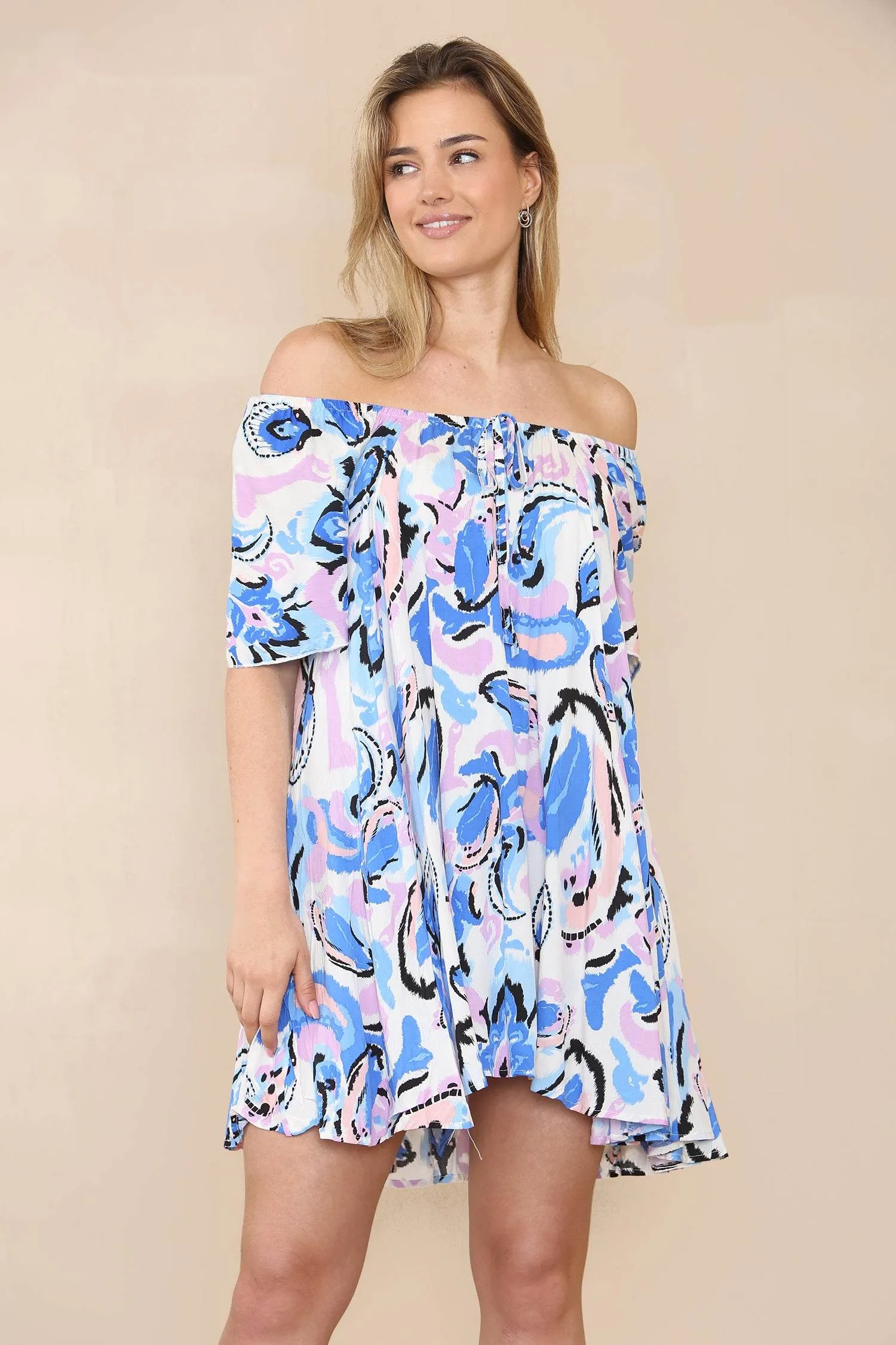 LOVE SUNSHINE Blue Pink Paisley Print Bardot Mini Dress sold by Goddiva product image thumbnail 5
