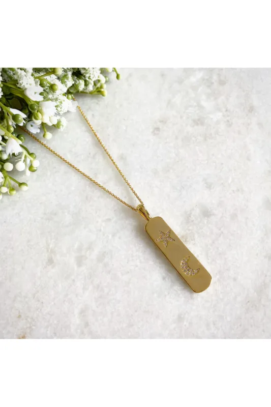Wisteria London Moon And Star CZ Bar Necklace sold by Goddiva