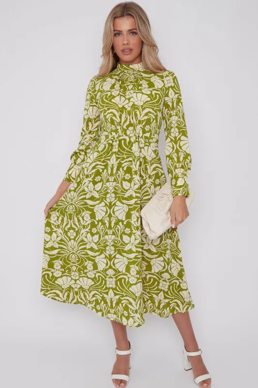 LOVE SUNSHINE Green Floral Print Pleated Skirt Midaxi Dress sold by Goddiva