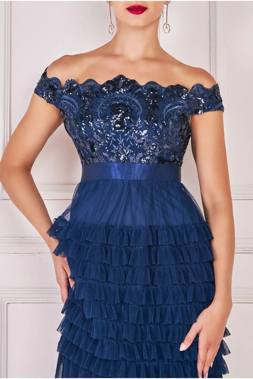 Scallop Bardot Ruffle Mesh Maxi - Navy by Goddiva sold by Goddiva product image thumbnail 3