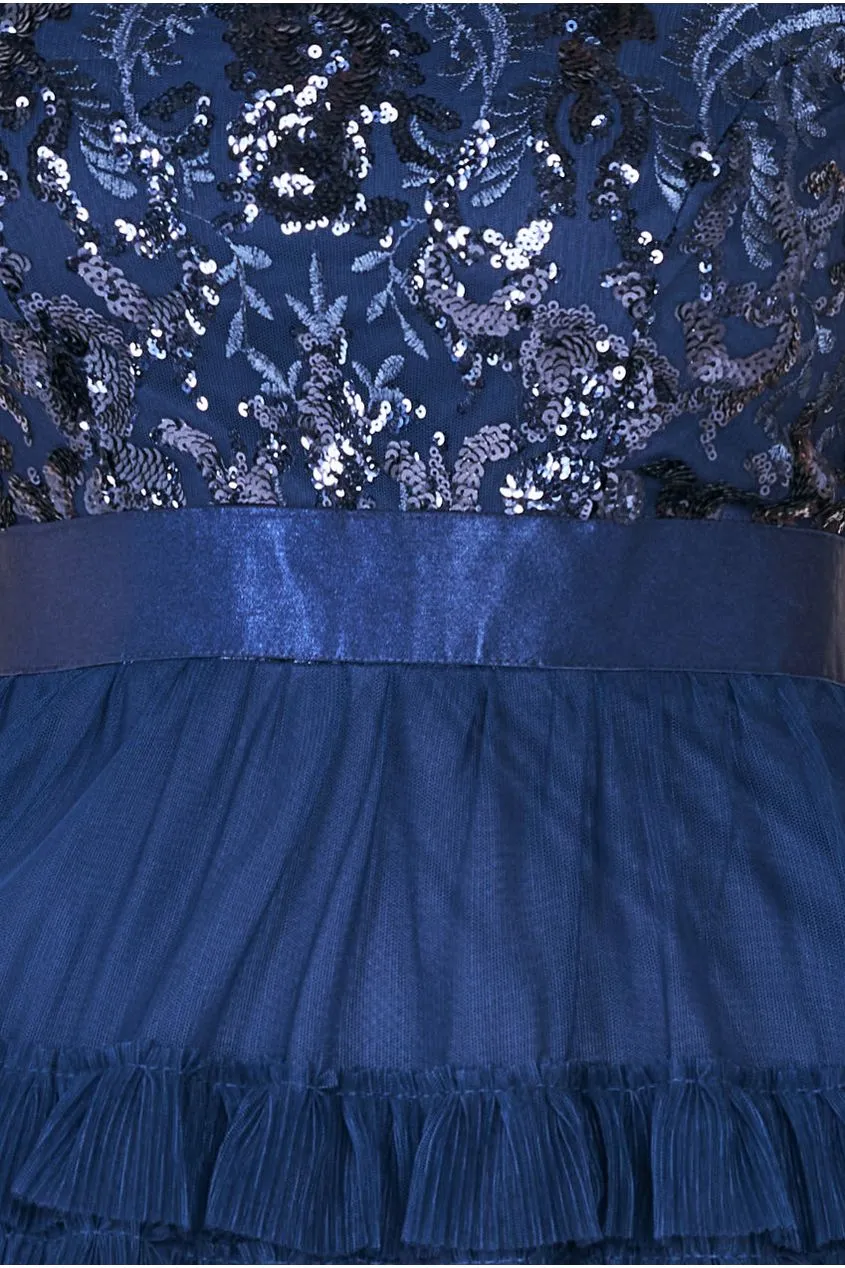 Scallop Bardot Ruffle Mesh Maxi - Navy by Goddiva sold by Goddiva product image thumbnail 4