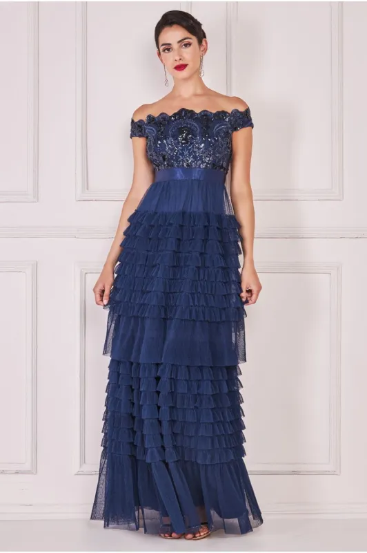 Scallop Bardot Ruffle Mesh Maxi - Navy by Goddiva sold by Goddiva