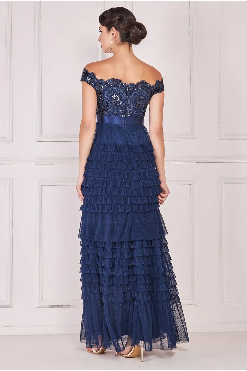 Scallop Bardot Ruffle Mesh Maxi - Navy by Goddiva sold by Goddiva product image thumbnail 2