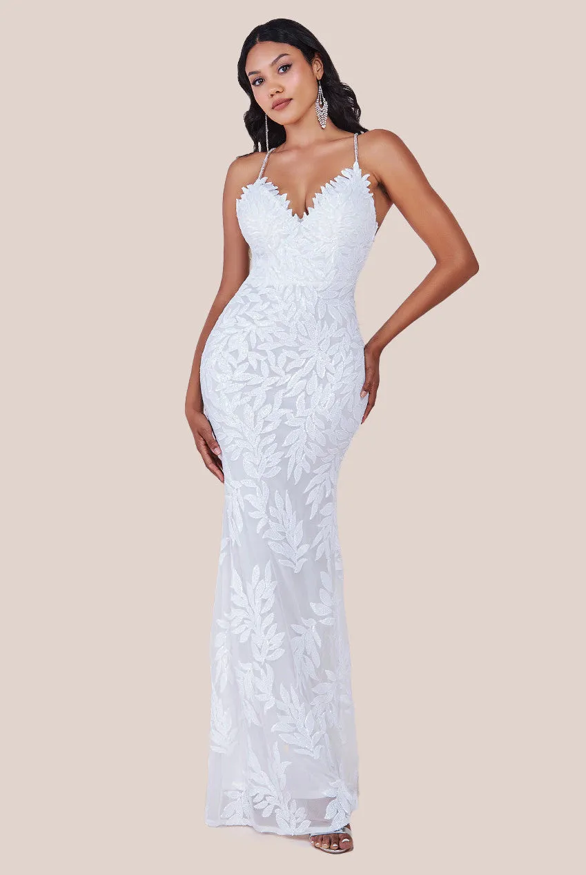 Goddiva Cross Back Diamante Strap Sequin Maxi - White sold by Goddiva