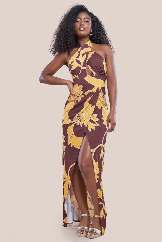 Printed Crossover Maxi Dress - Brown by Goddiva sold by Goddiva