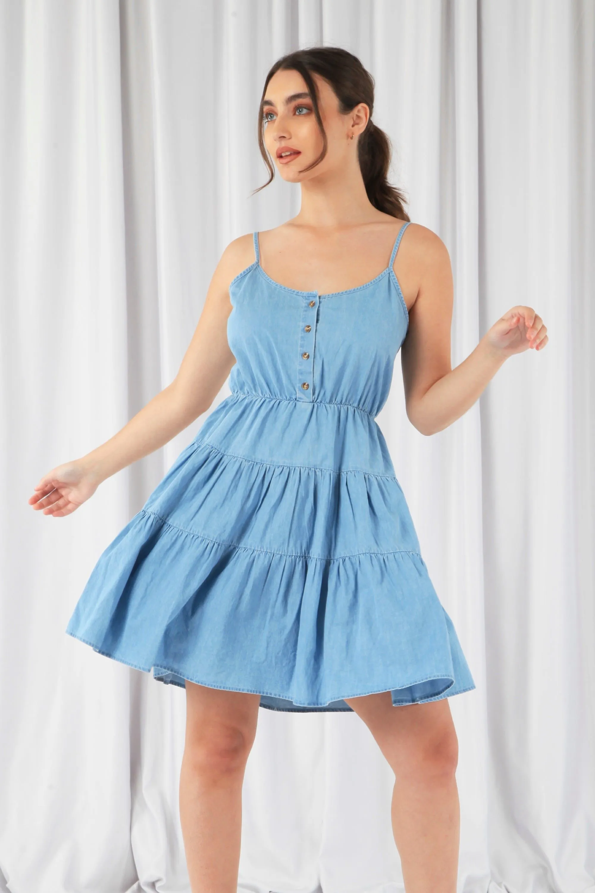 Double Second Blue Tiered Strappy Chambray Dress sold by Goddiva