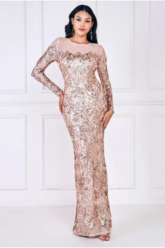 Floral Sequin Mesh Maxi - Champagne by Goddiva sold by Goddiva
