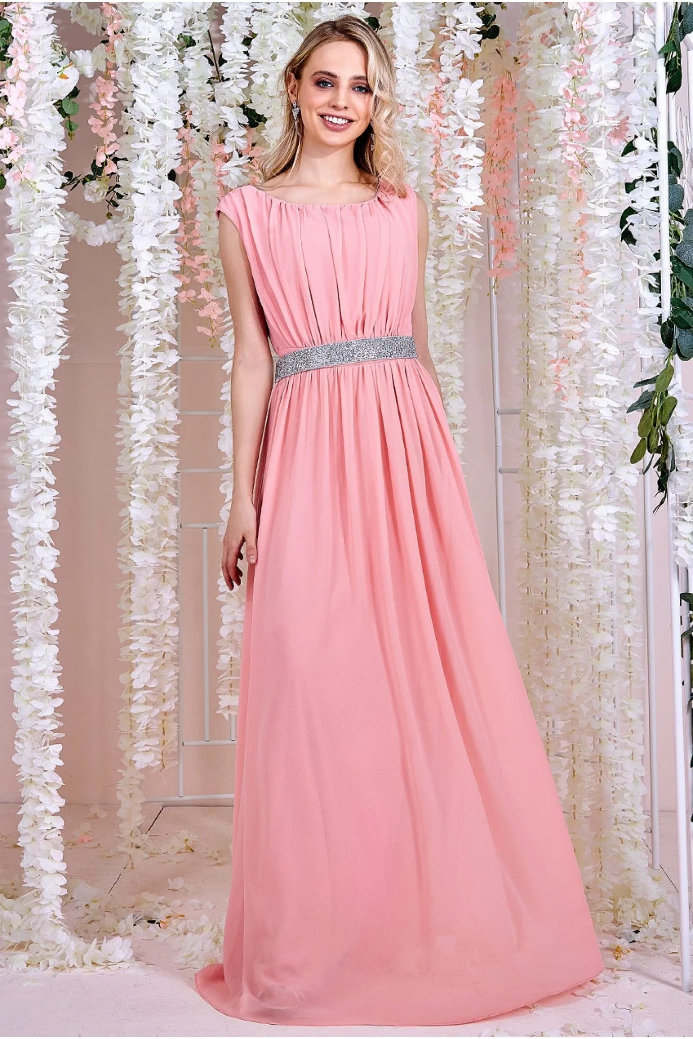 Chiffon Maxi With Embellished Belt - Peach by Goddiva sold by Goddiva