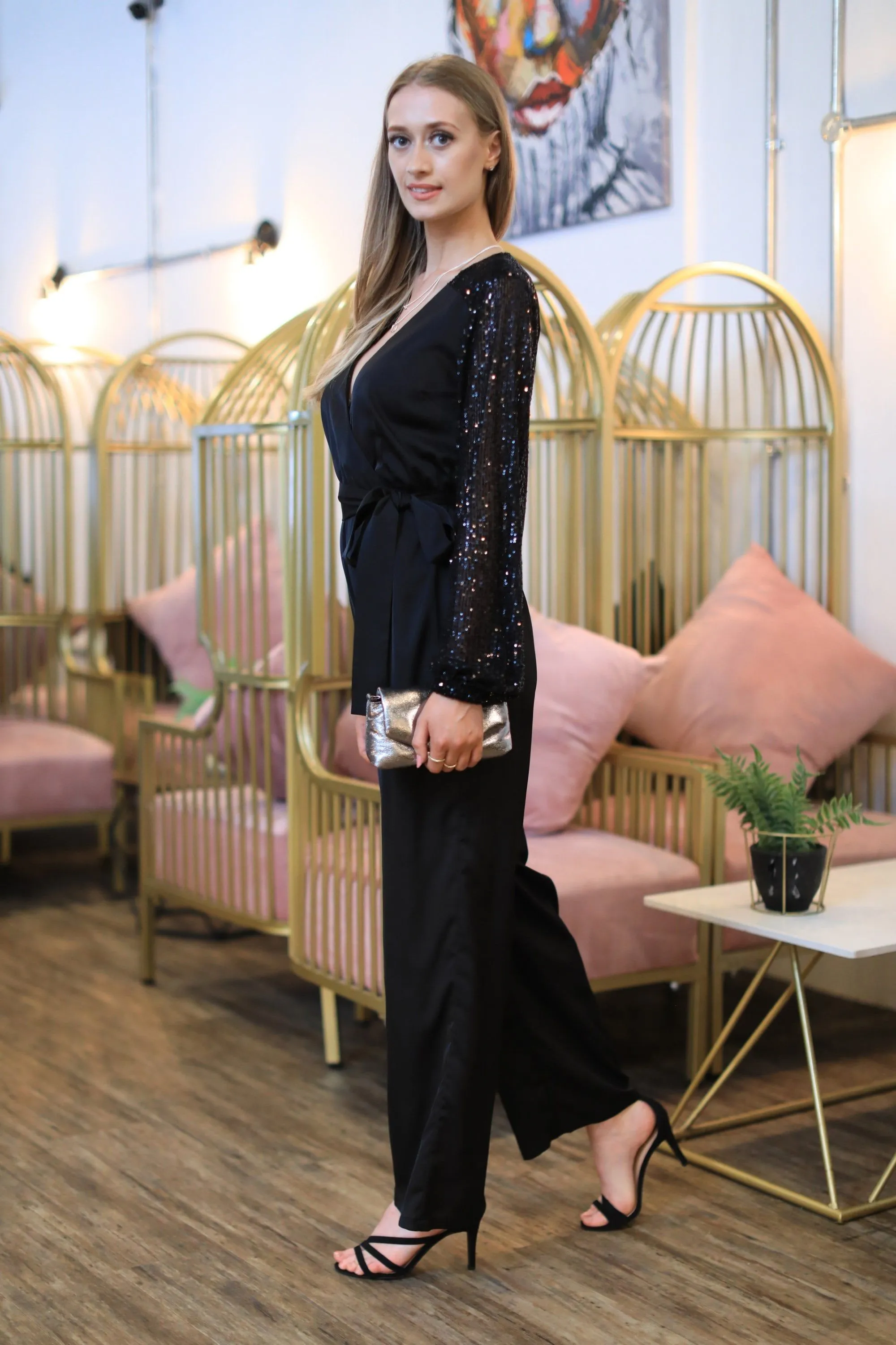 Black Jumpsuit With Sequin Sleeves by Double Second sold by Goddiva product image thumbnail 4