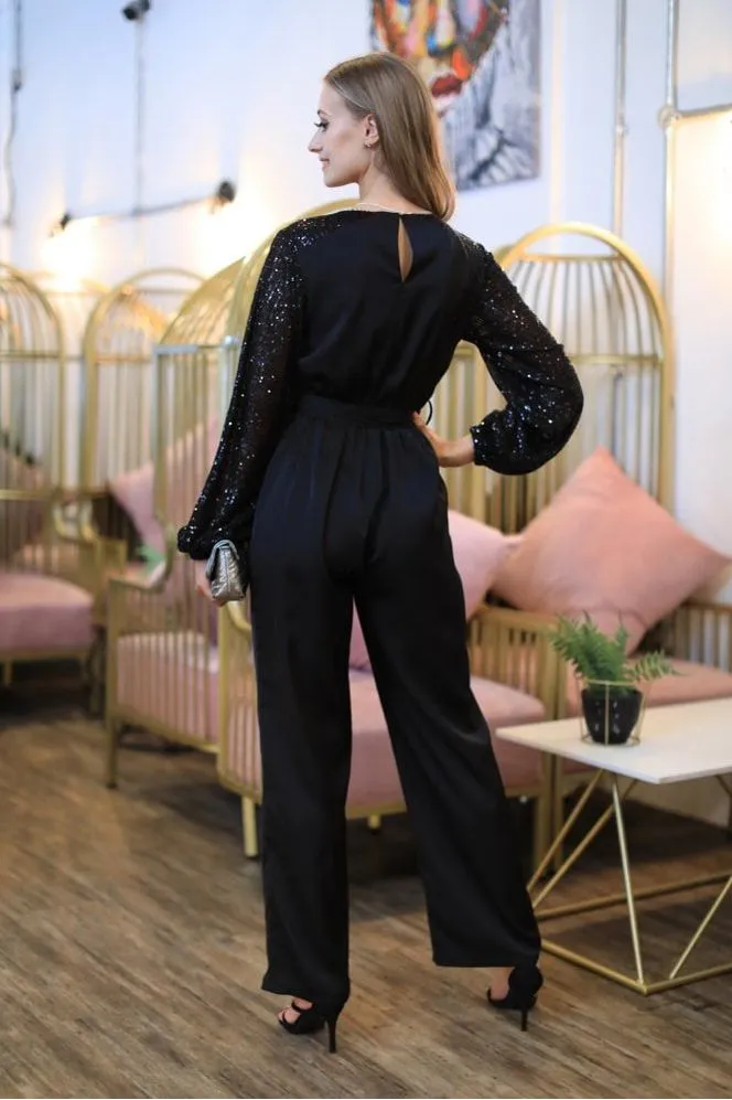 Black Jumpsuit With Sequin Sleeves by Double Second sold by Goddiva product image thumbnail 5