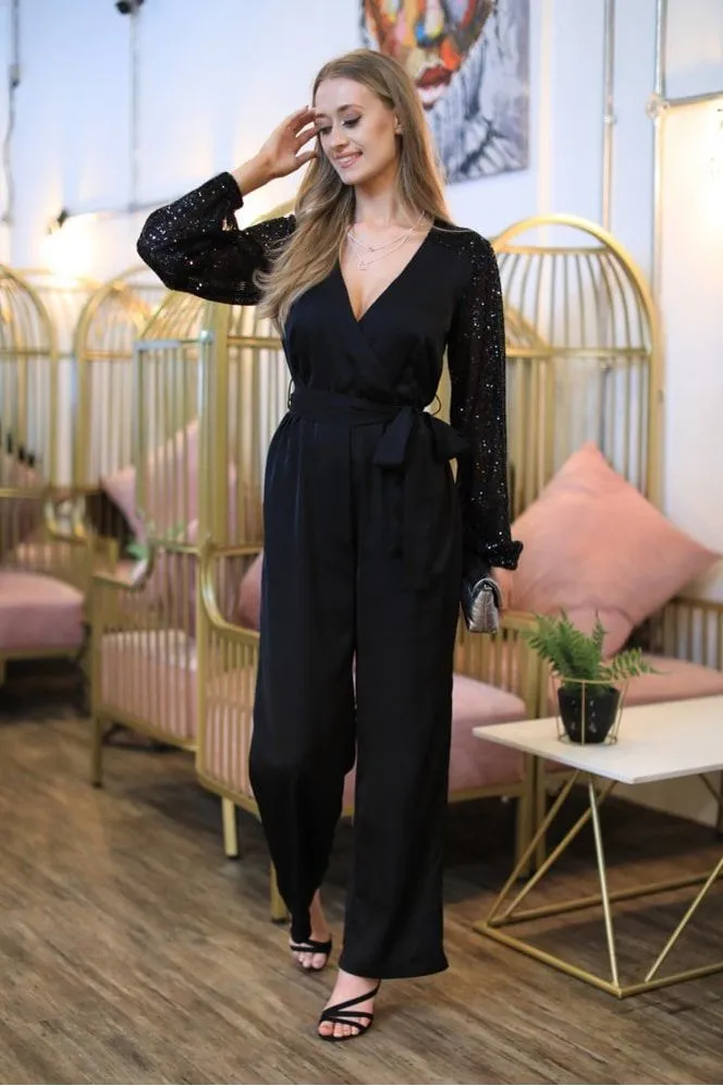 Black Jumpsuit With Sequin Sleeves by Double Second sold by Goddiva product image thumbnail 2