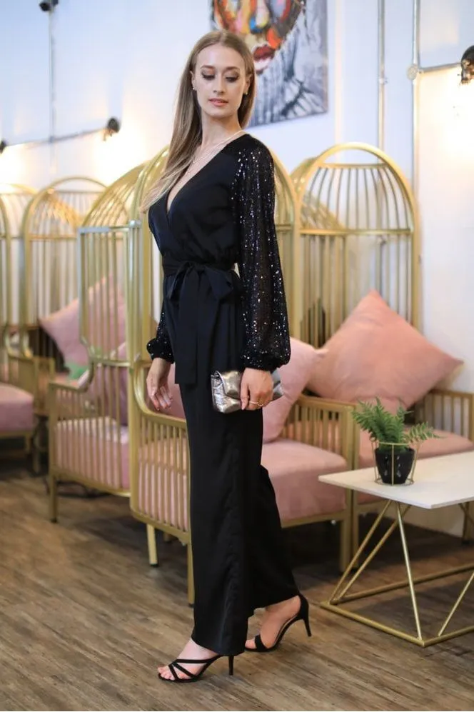 Black Jumpsuit With Sequin Sleeves by Double Second sold by Goddiva product image thumbnail 3
