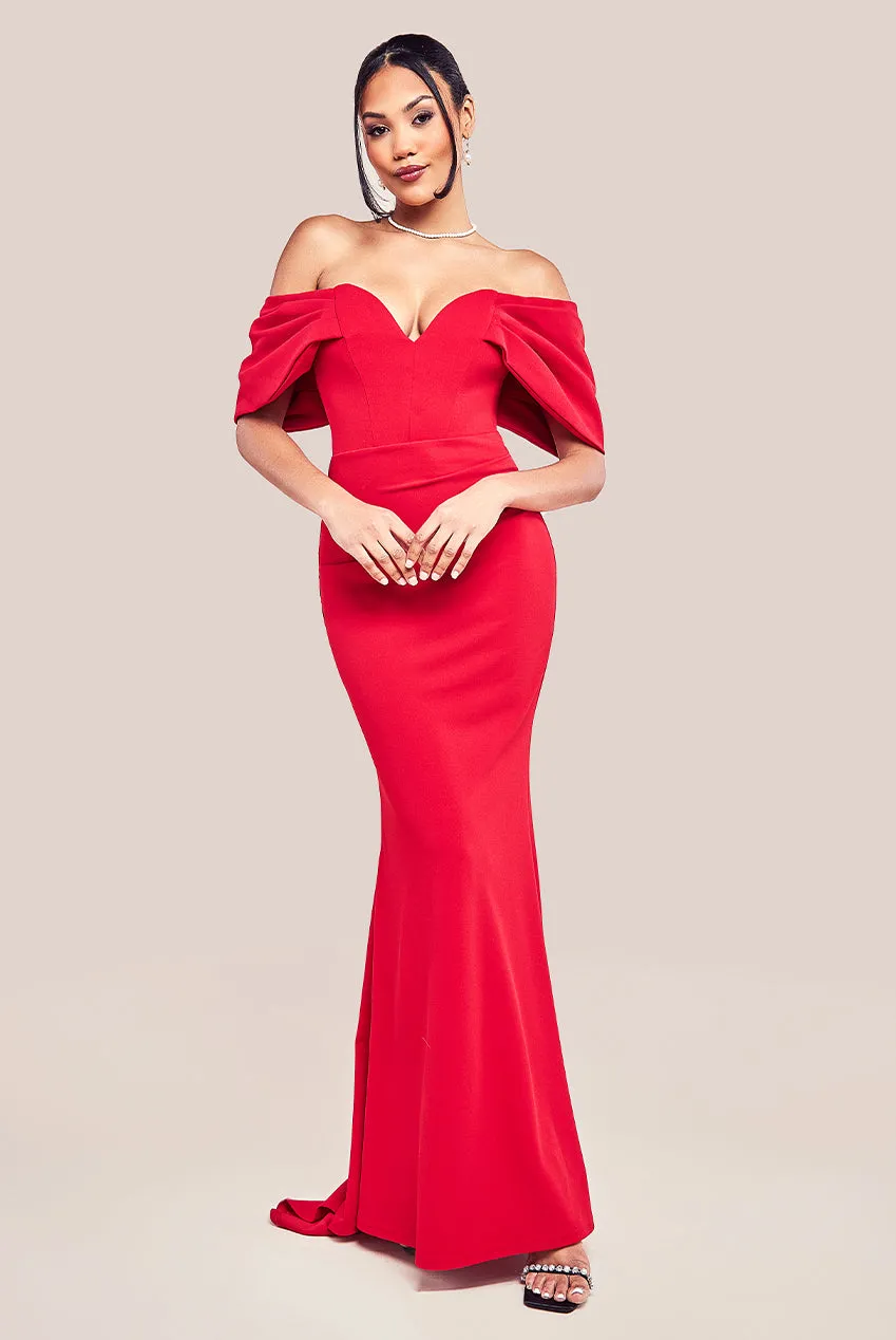 Off The Shoulder Draped Sleeve Maxi Dress - Red by Goddiva sold by Goddiva