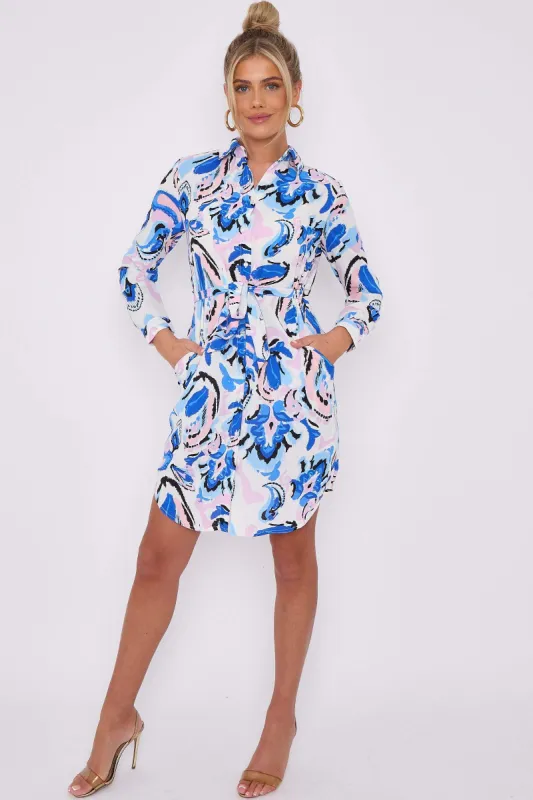 LOVE SUNSHINE Blue Paisley Print White Mini Shirt Dress sold by Goddiva