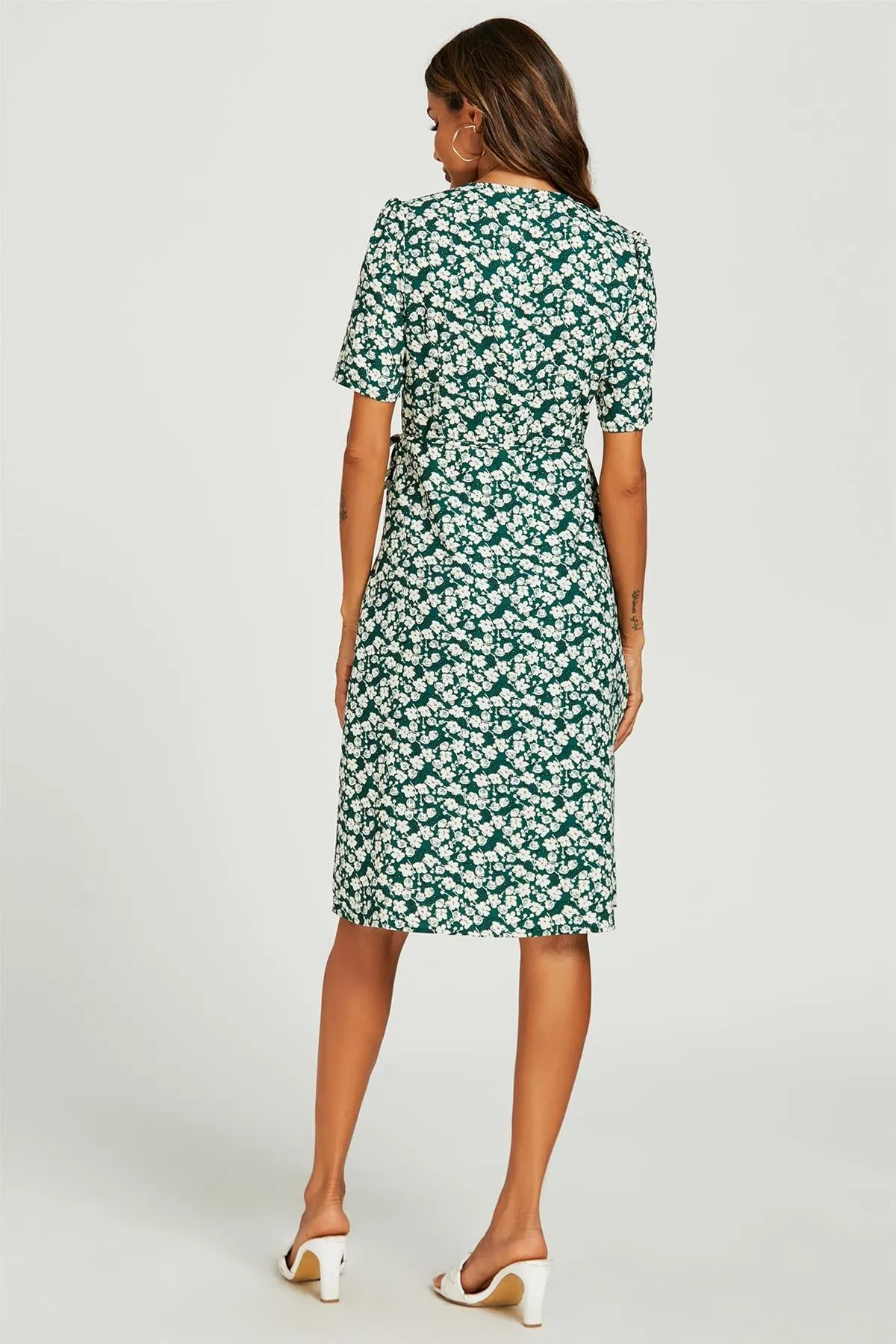 FS Collection Floral Print Button Tea Midi Dress In Green sold by Goddiva product image thumbnail 5