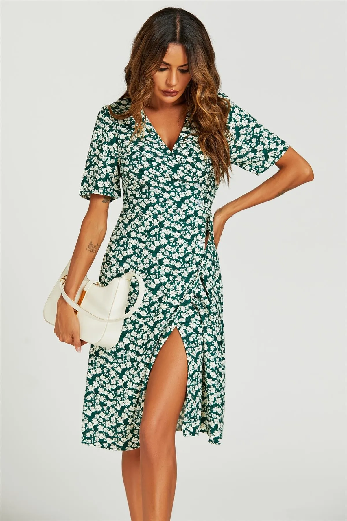 FS Collection Floral Print Button Tea Midi Dress In Green sold by Goddiva product image thumbnail 3