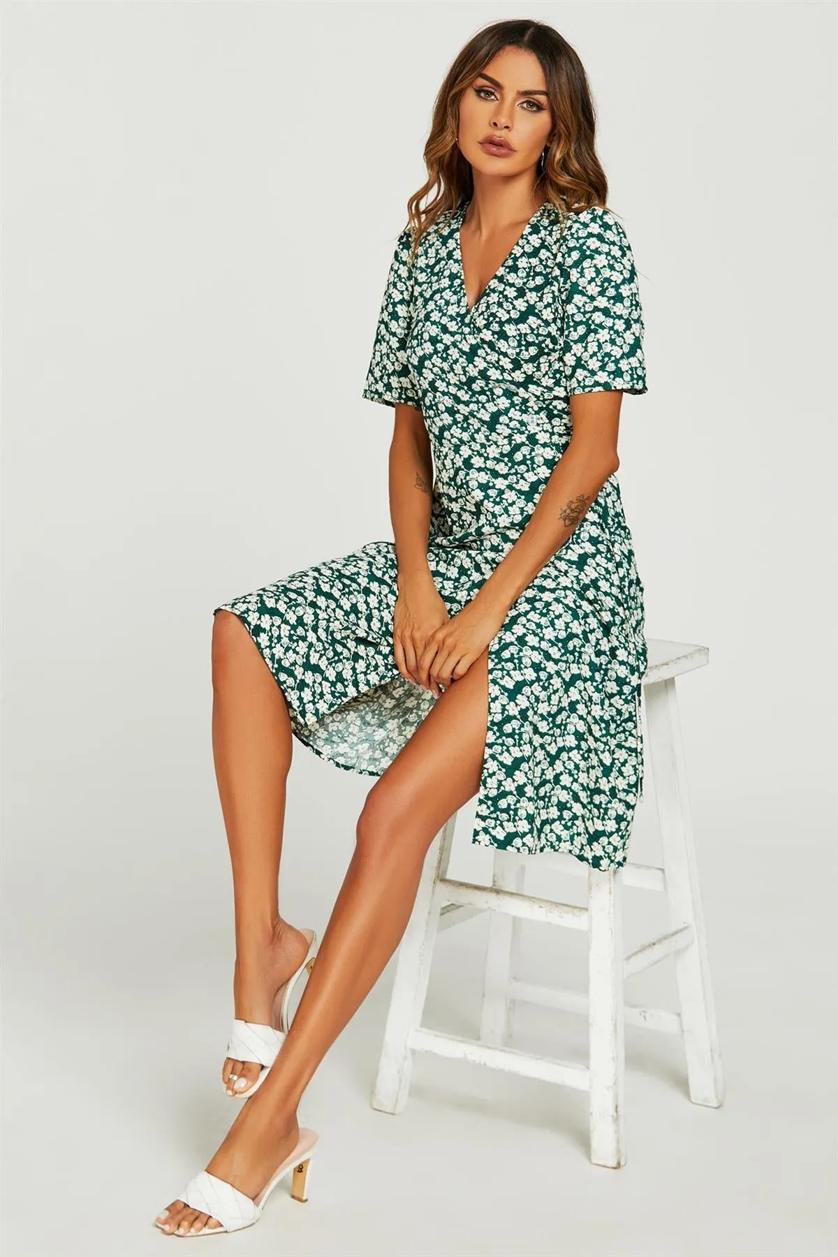 FS Collection Floral Print Button Tea Midi Dress In Green sold by Goddiva product image thumbnail 4