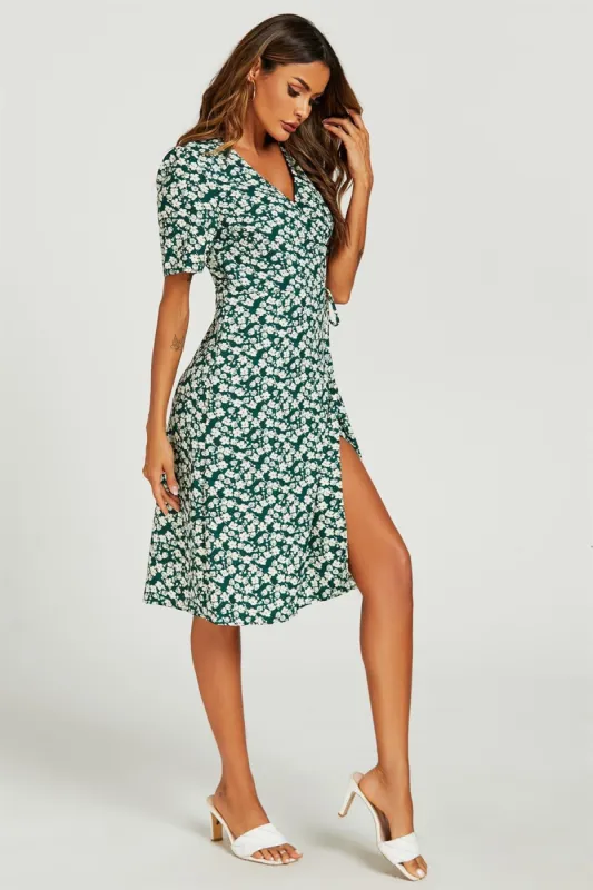 FS Collection Floral Print Button Tea Midi Dress In Green sold by Goddiva