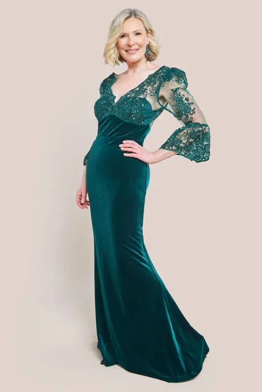 Scalloped Lace & Velvet Maxi Dress - Emerald Green by Goddiva sold by Goddiva