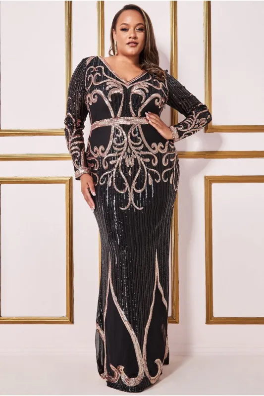 Goddiva Plus Sequin & Mesh Embroidered Maxi Dress - Black sold by Goddiva