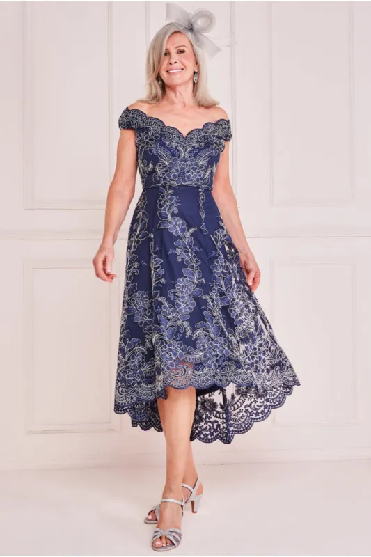 Embroidered Lace High Low Midi Dress - Navy by Goddiva sold by Goddiva