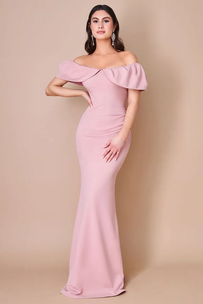 Goddiva Scuba Crepe Pleated Bardot Maxi - Blush sold by Goddiva