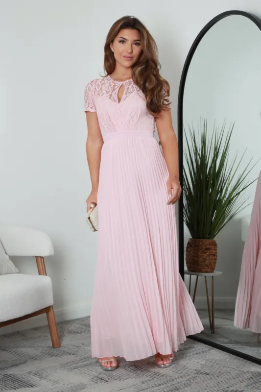 Double Second Pink Pleated Sleeve Lace Dress sold by Goddiva