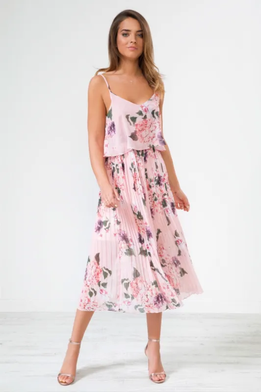 Urban Touch Floral Print Pleated Cami Midi Dress sold by Goddiva