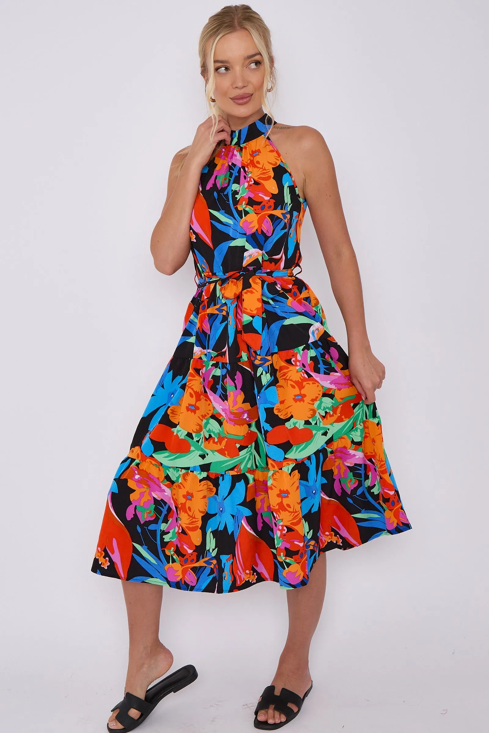 LOVE SUNSHINE Abstract Floral Print Halter Neck Midi Dress sold by Goddiva product image thumbnail 4
