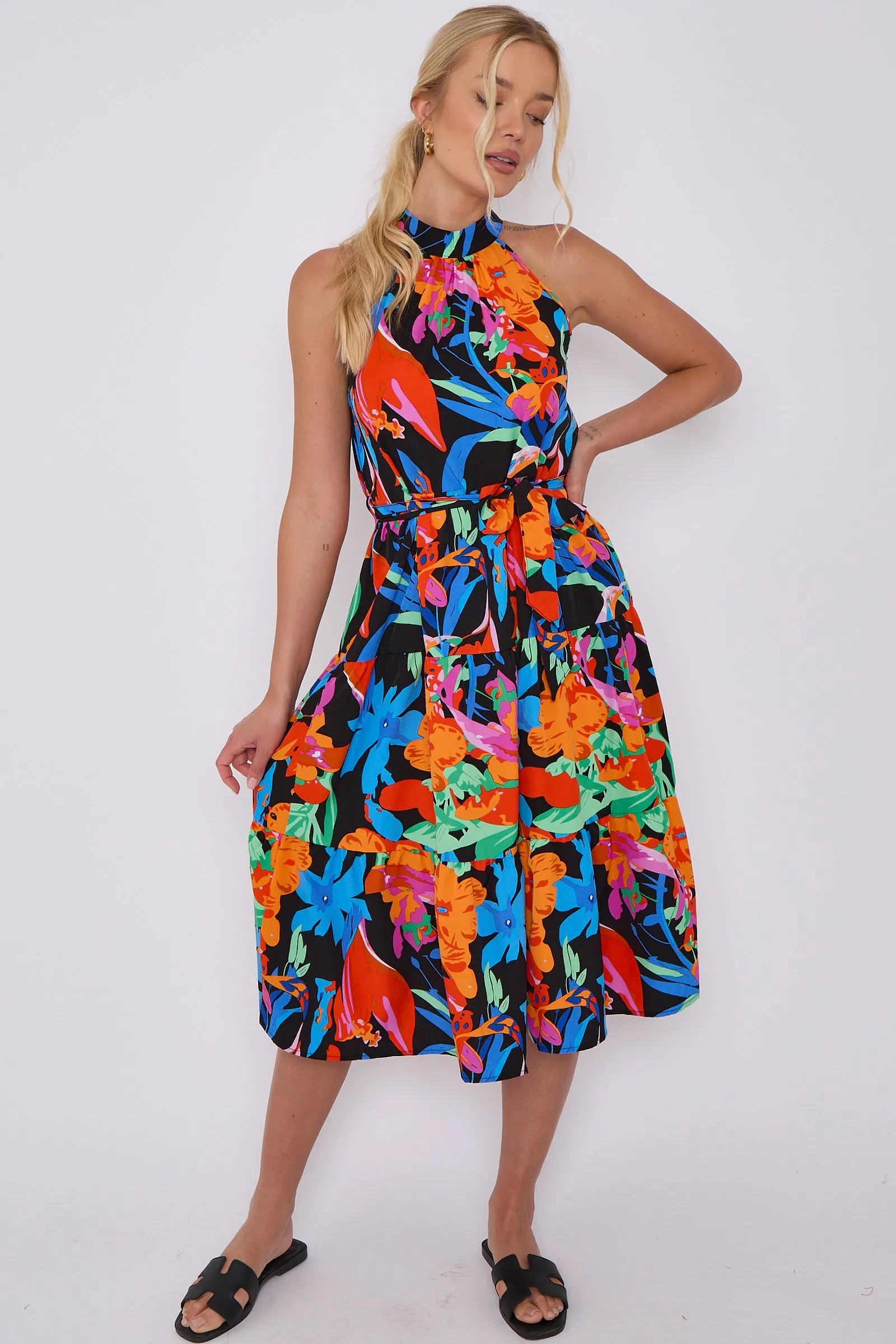 LOVE SUNSHINE Abstract Floral Print Halter Neck Midi Dress sold by Goddiva