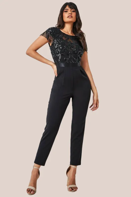 Tassel Sequin Jumpsuit - Black by Goddiva sold by Goddiva