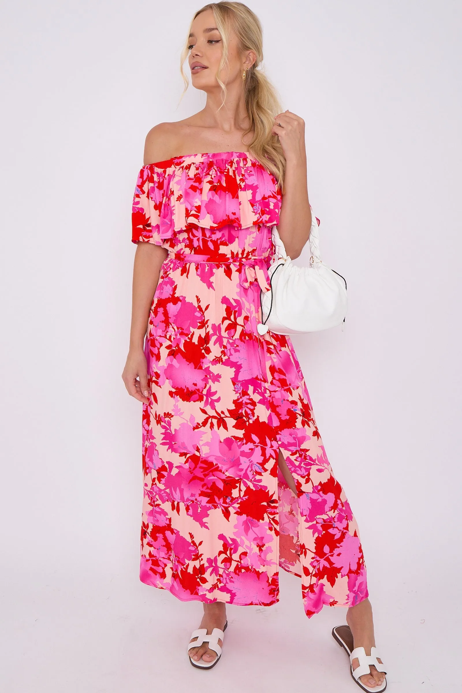 Fuchsia Floral Print Bardot Maxi Dress by LOVE SUNSHINE sold by Goddiva product image thumbnail 2
