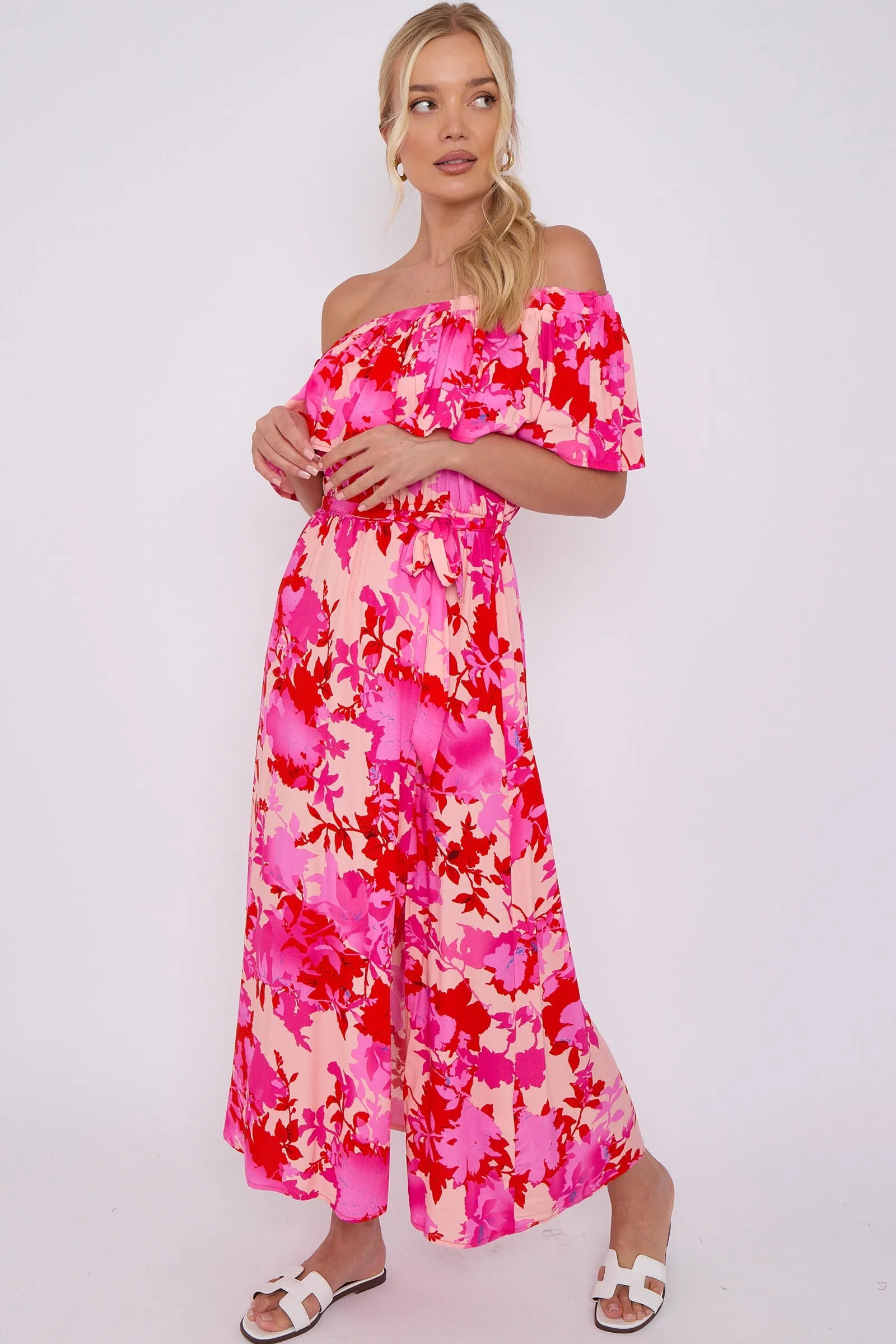 Fuchsia Floral Print Bardot Maxi Dress by LOVE SUNSHINE sold by Goddiva product image thumbnail 4