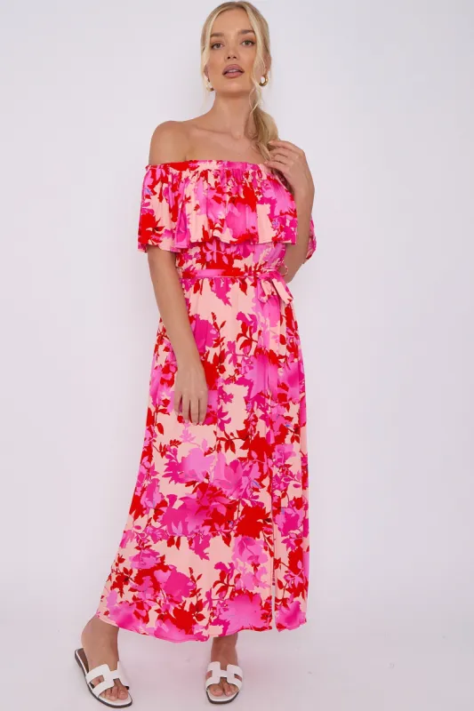 LOVE SUNSHINE Fuchsia Floral Print Bardot Maxi Dress sold by Goddiva