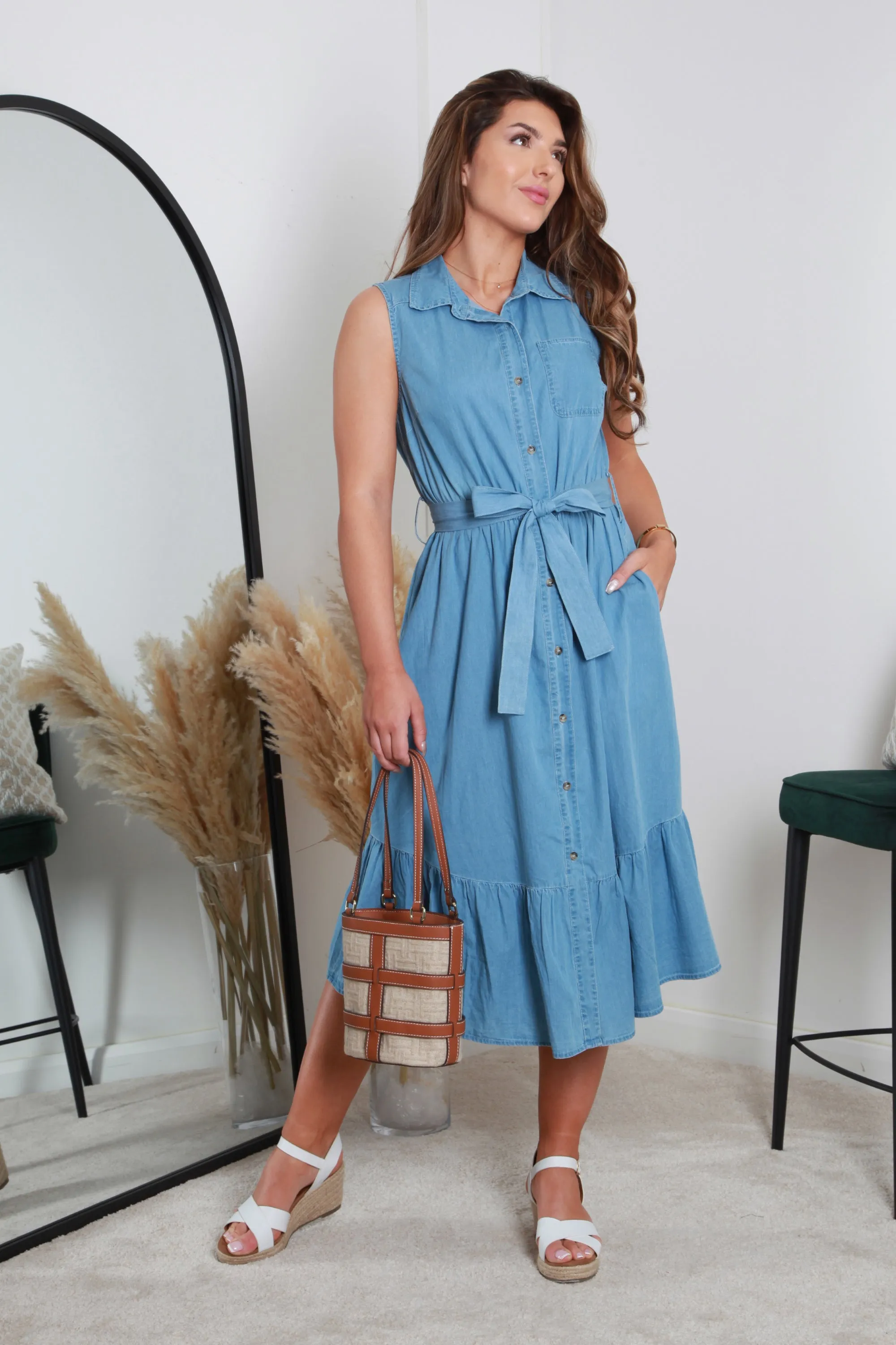Double Second Belted Denim Chambray Shirt Dress sold by Goddiva product image thumbnail 2