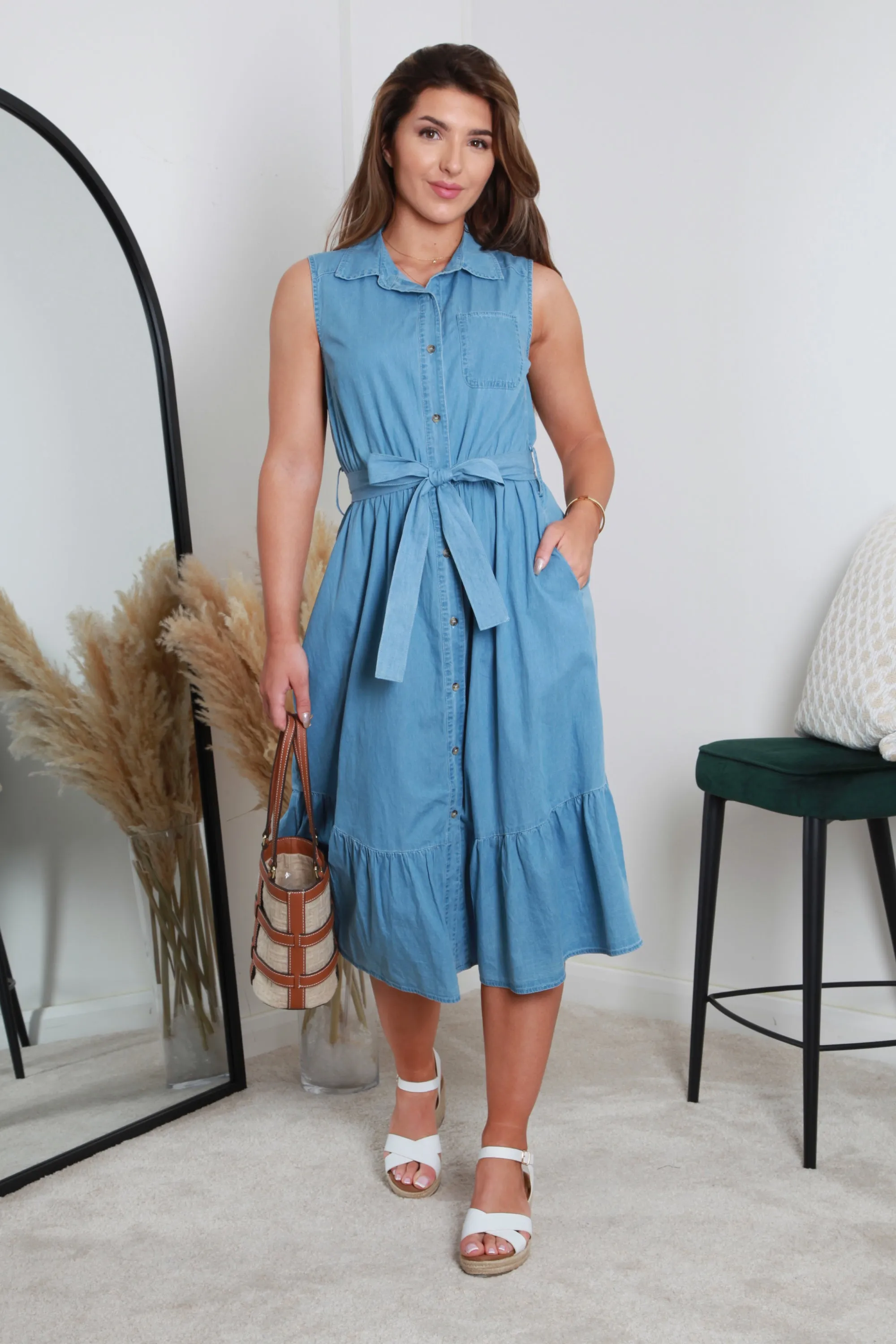 Double Second Belted Denim Chambray Shirt Dress sold by Goddiva
