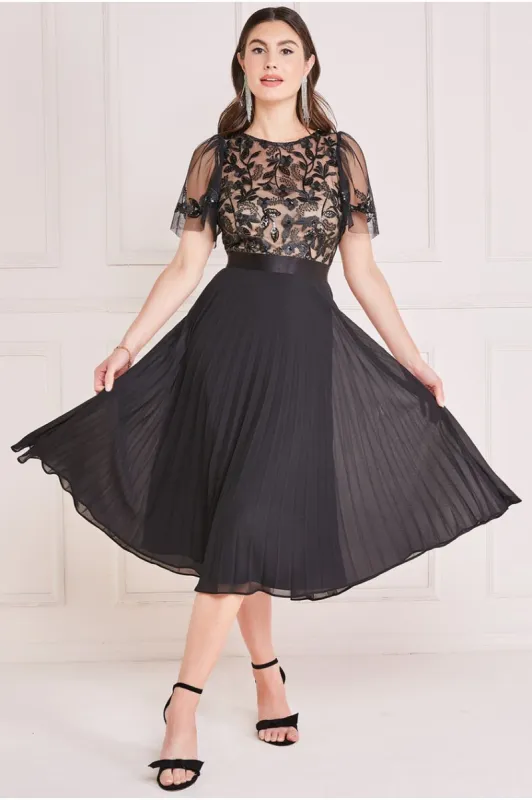 Embroidered Top Chiffon Pleated Midi - Black by Goddiva sold by Goddiva