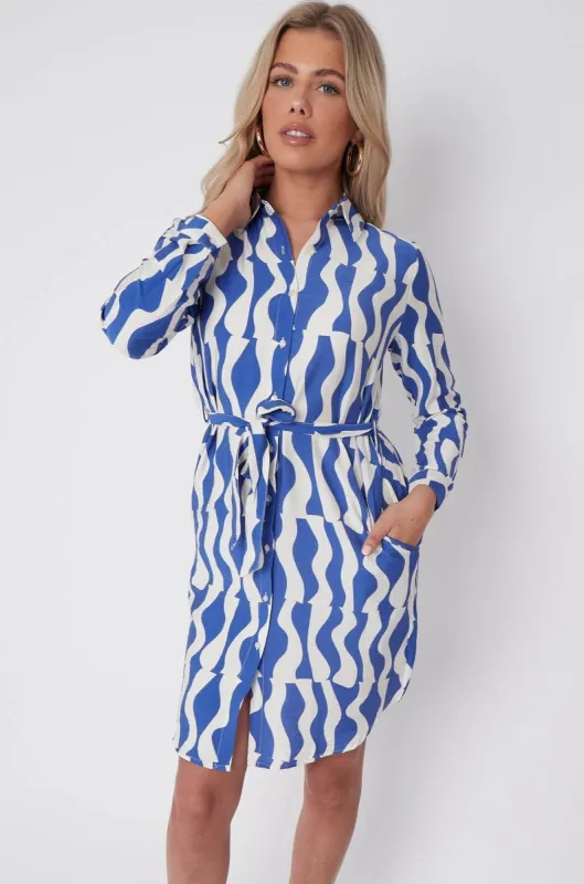 LOVE SUNSHINE Blue Geo Pattern Print Mini Shirt Dress sold by Goddiva