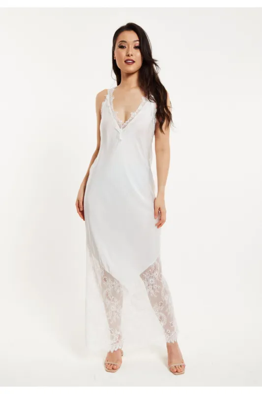 Liquorish Lace Detailed V Neck Maxi Dress In White sold by Goddiva