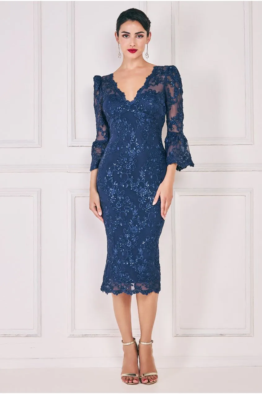 Goddiva Sequin Scallop Lace Midi Dress - Navy sold by Goddiva