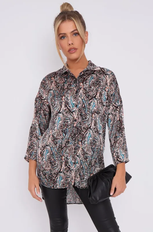 Black Paisley Print Layer Satin Oversized Shirt by LOVE SUNSHINE sold by Goddiva