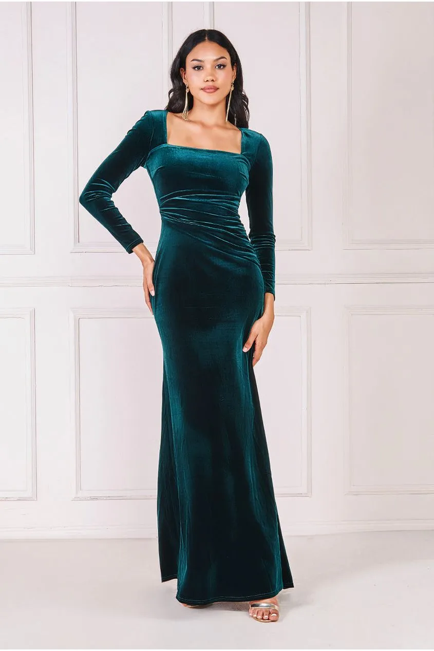 Goddiva Square Neck Gathered Waist Velvet Maxi - Emerald Green sold by Goddiva