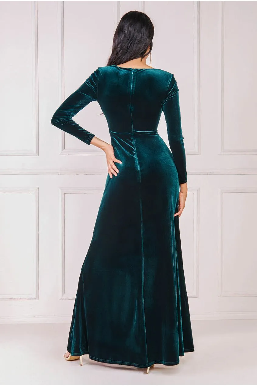 Goddiva Square Neck Gathered Waist Velvet Maxi - Emerald Green sold by Goddiva product image thumbnail 2
