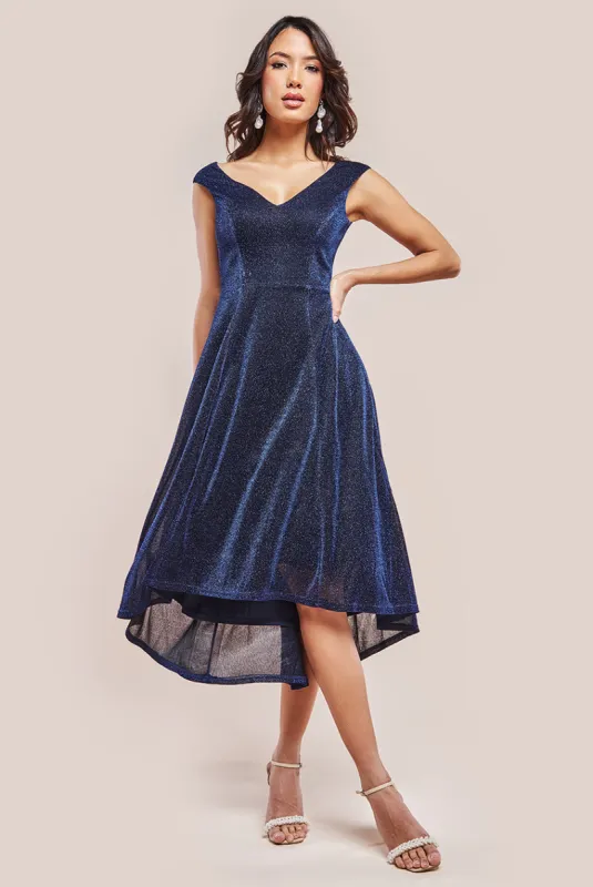 Off The Shoulder Lurex High Low Dress - Navy by Goddiva sold by Goddiva
