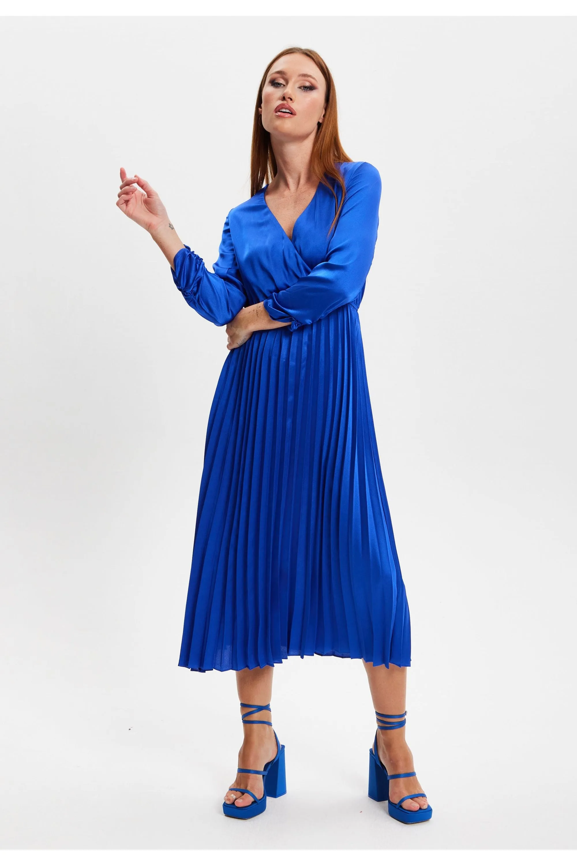 Royal Blue Midi Dress With Pleat Details by Liquorish sold by Goddiva product image thumbnail 2