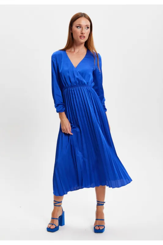 Royal Blue Midi Dress With Pleat Details by Liquorish sold by Goddiva