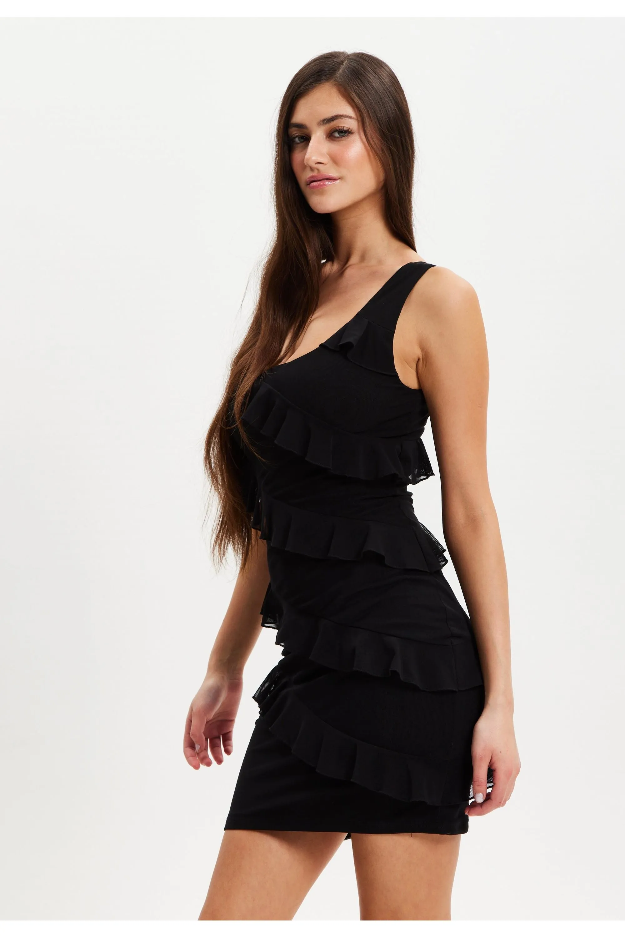 Diagonal Ruffle One Shoulder Mini Dress In Black by Liquorish sold by Goddiva product image thumbnail 4